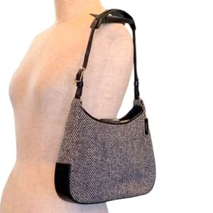 Coach Girlie Boucle small hobo bag grey herringbone wool black leather Vintage